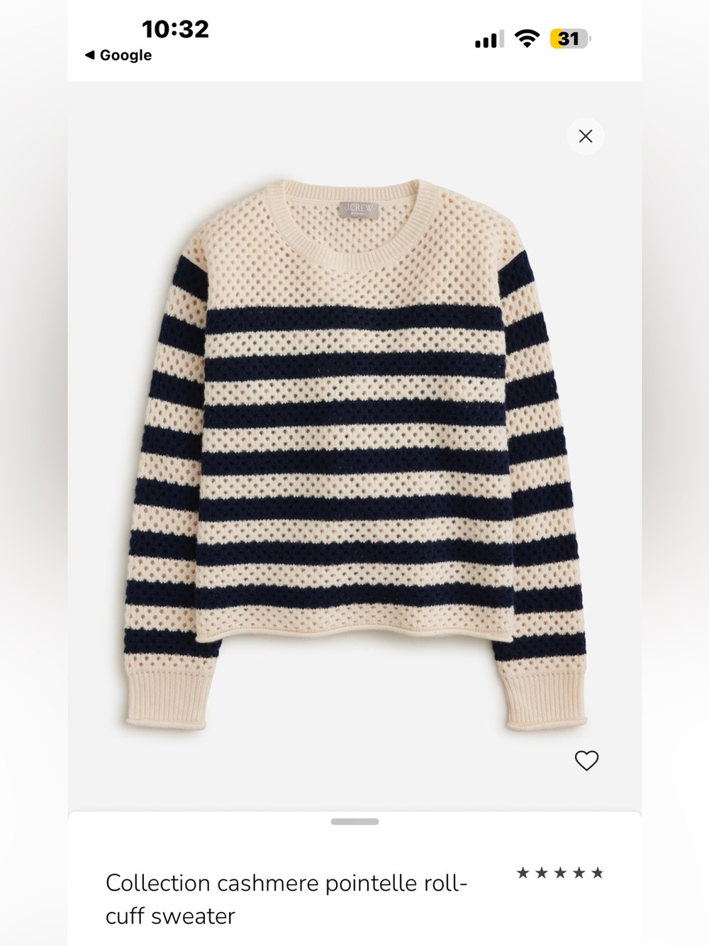 J.Crew Collection Cashmere Pointelle Stripe Sweater Navy Ivory/SIZE TAG MISSING